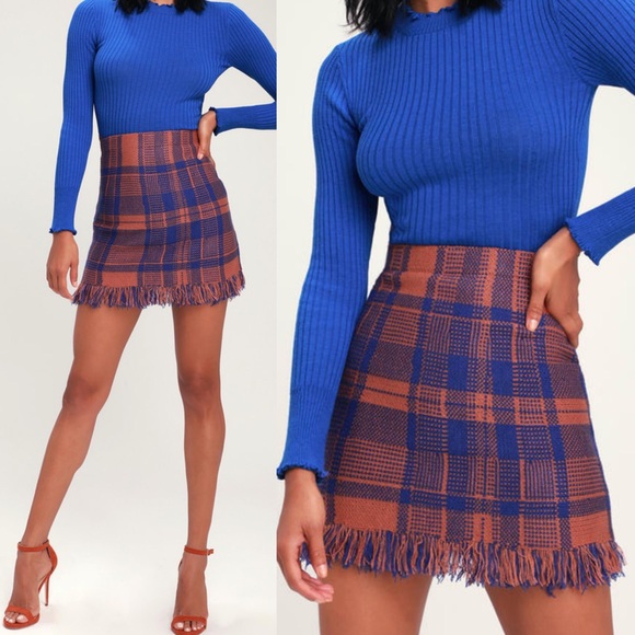 Moon River Dresses & Skirts - 🆕 Moon River Rust and Blue Plaid Fringe Skirt